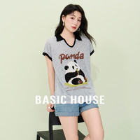 百家好（Basic House）Basic House/百家好夏日休闲百搭撞色设计感小熊猫短袖针织衫 灰色 L