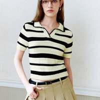 URBAN REVIVO 女士时尚撞色条纹肌理感短袖针织衫 UYY940004 黑色条纹 XS
