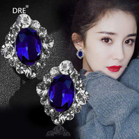 大绒鹅几何蓝色耳钉女2024年高级感气质轻奢耳环精致银针耳环 宝蓝水晶银针