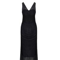 URBAN REVIVO 女士轻熟魅力朦胧网纱褶皱修身连衣裙 UWG740192 正黑 L