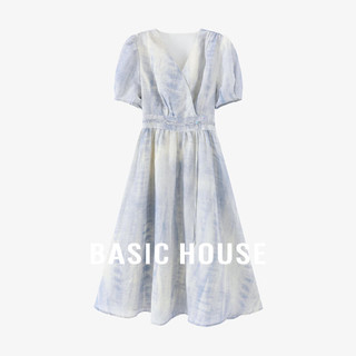 Basic House/百家好渐变晕染连衣裙优雅短袖V领中长款裙子夏 蓝色 XL