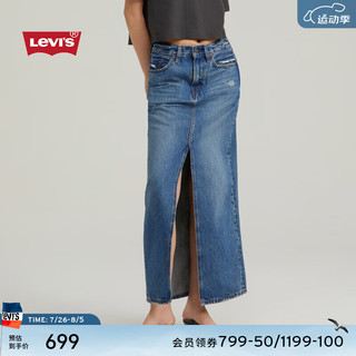 Levi's李维斯24早秋女士个性开衩牛仔长裙A7512 中蓝色 28