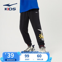 鸿星尔克儿童裤子男童裤子夏季薄款潮流印花儿童休闲裤透气清凉儿童运动裤 正黑-轻薄透气 160