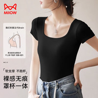 猫人（MiiOW）带胸垫女士T恤短袖女方领免穿文胸短款露脐内搭无尺码上衣 黑色 L(165/90)