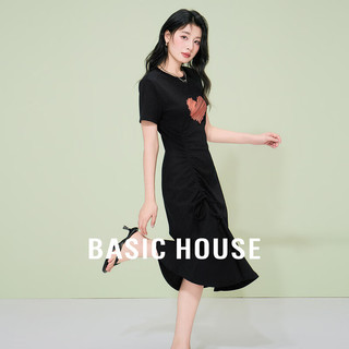 百家好（Basic House）夏日新品休闲收腰优雅气质感爱心短袖连衣长裙B0624A5P612 黑色