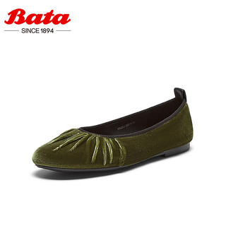 拔佳（Bata）浅口单鞋女2024秋季舒适通勤羊皮百搭柔软奶奶鞋YS25 军绿 38