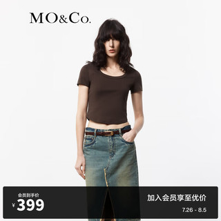 MO&Co.2024夏简约U领正肩弧形短款短袖轻薄棉质T恤MBD2TEE006 深咖啡色 XS/155