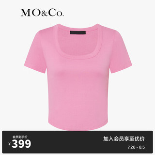 MO&Co.2024夏简约U领正肩弧形短款短袖轻薄棉质T恤MBD2TEE006 藕粉色 S/160