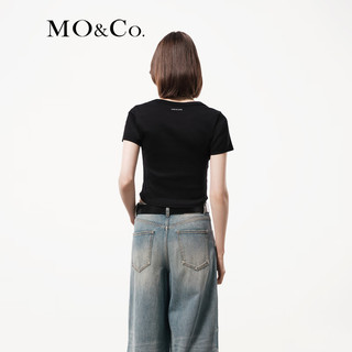 MO&Co.2024夏简约U领正肩弧形短款短袖轻薄棉质T恤MBD2TEE006 黑色 M/165