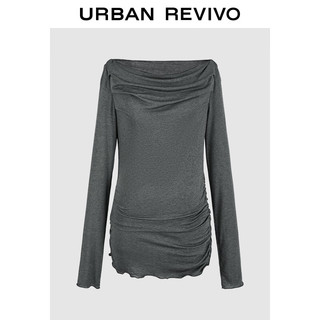 URBAN REVIVO UR2024秋季女装慵懒休闲气质荡领褶皱长袖T恤UWG440157 冷灰 XL