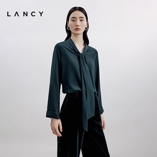 朗姿/LANCY2024秋季蓝色真丝飘带衬衫女优雅气质老钱风上衣 黑森林绿色 M