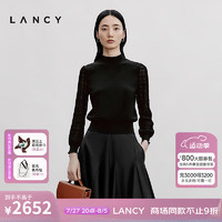 朗姿/LANCY2024秋季时尚圆领拼接针织衫女长袖亲肤高级感上衣 夜幕黑色 L