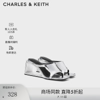 CHARLES&KEITH24夏方头亮面露趾异形高跟一字拖高跟凉拖鞋女-CK1-80580149 Silver银色 37