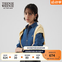 Teenie Weenie小熊2024年早秋新款修身牛仔衬衫长袖衬衣复古时髦女 中蓝色 1