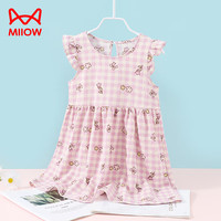 猫人童装女童连衣裙夏季泡泡纱女童飞袖公主裙 粉色草莓红 紫格小花 120