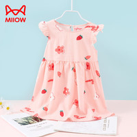 猫人童装女童连衣裙夏季泡泡纱女童飞袖公主裙 粉色草莓红 粉底花草莓 140