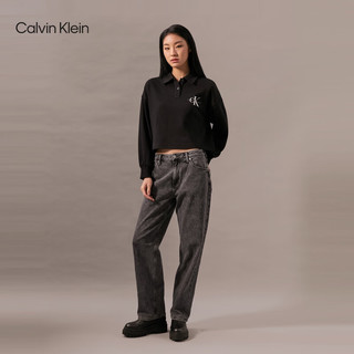 Calvin Klein Jeans24秋季女士美式复古印花POLO领短款针织卫衣J224796 BEH-太空黑 L