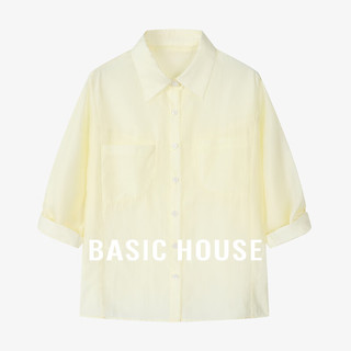 Basic House/百家好天丝翻领衬衫女夏季高级感七分袖宽松正肩衬衣 米白色 M