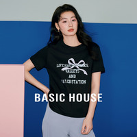 百家好（Basic House）蝴蝶结印花T恤女2024夏时尚白色正肩短袖上衣B0624A50362 黑色 M
