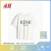 H&M女装T恤2024夏季字母印花宽松学院风短袖上衣1163560 白色/Icone Moderne 155/80