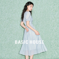 百家好（Basic House）Basic House/百家好纯色拼接夏日设计感优雅气质圆领短袖连衣长裙 蓝色 M