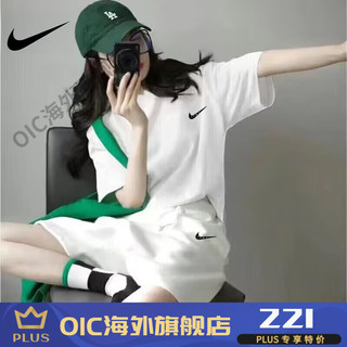 耐克（NIKE）品牌运动套装女2024夏季短袖t恤宽松纯棉显瘦休闲时尚短裤两件套 藏青+白裤 衣裤-L 120-138斤