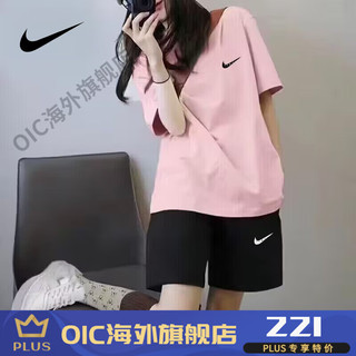 耐克（NIKE）品牌运动套装女2024夏季短袖t恤宽松纯棉显瘦休闲时尚短裤两件套 铁灰色+白裤 衣裤-M 105-120斤