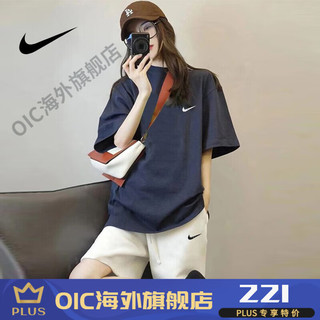 耐克（NIKE）品牌运动套装女2024夏季短袖t恤宽松纯棉显瘦休闲时尚短裤两件套 深灰色+白裤 衣裤-XL 135-158斤