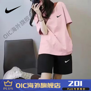 耐克（NIKE）品牌运动套装女2024夏季短袖t恤宽松纯棉显瘦休闲时尚短裤两件套 藏青单T恤 衣裤-L 120-138斤