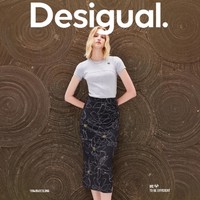 Desigual 24春夏轻薄修身弹力褶皱开衩印花中长款半截裙