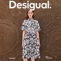 Desigual 24春夏宽松黑白花朵印花翻领短袖连衣裙