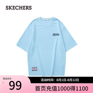 斯凯奇（Skechers）印花T恤男女同款宽松百搭圆领打底衫L124U187 晴空蓝/016M S