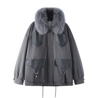 反季清仓特卖派克女狐狸毛领羽绒服女短款小个子白鸭绒保暖外套 灰色 M