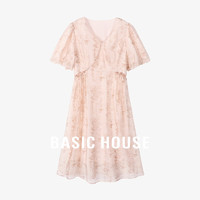 Basic House/百家好高级感醋酸镂空碎花裙泡泡袖中长款连衣裙夏季 粉色 XL