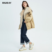 轩日2024冬季可拆卸休闲中长款外套女抽绳连帽长袖派克服chic 卡其色 S