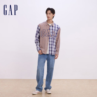 Gap 盖璞 男士纯棉刺绣logo格纹拼接长袖衬衫 635882 橙色 L