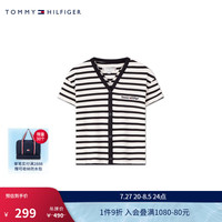 TOMMY HILFIGER24春夏童装女撞色条纹刺绣纽扣V领短袖上衣TH2422813 黑白条纹654 7/130cm