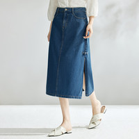 茵曼（INMAN）纯棉国风盘扣复古牛仔裙2024夏季高腰包臀小心机开叉A字裙子 牛仔蓝 XL