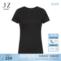 玖姿·安娜蔻简约基础款休闲舒适醋酯纤维圆领短袖T恤2024夏季 素黑 S