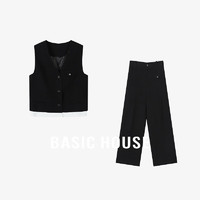 Basic House/百家好轻奢亚麻西装马甲窄版阔腿裤子小个子两件套装 黑色 S