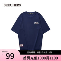 斯凯奇（Skechers）印花T恤男女同款宽松百搭圆领打底衫L124U187 海军蓝/00DU L