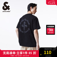 杰克·琼斯（JACK&JONES）新宽松纯棉舒适简约时尚胸前肌理感字母胶印短袖T恤男款224201058 黑色S03 常规 黑色S03 180/100A/L