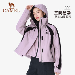 骆驼（CAMEL）三防冲锋衣女三合一拼色短款外套2024小个子旅游登山服装 蜜茶棕/肉桂灰，女