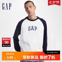 Gap男装2024初秋纯棉撞色插肩袖字母印花百搭长袖T恤609276 白色 180/100A(XL) 亚洲尺码