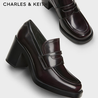 CHARLES&KEITH24秋CK1-60361534时尚学院风高跟单鞋乐福鞋女 Burgundy葡萄酒红色 39