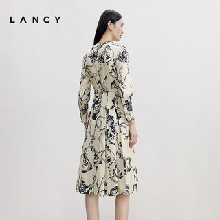 朗姿/LANCY2024秋真丝优雅收腰法式印花长袖A字连衣裙子女 米白色 3XL