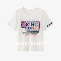 Basic House/百家好韩版字母印花针织衫夏季减龄撞色短款圆领上衣