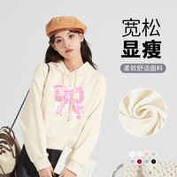 班尼路小个子短款连帽卫衣女2024春秋款高腰显瘦上衣服 杏-白粉蝴蝶结 M