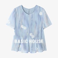 百家好(Basic House)撞色休闲夏日新款甜美风花朵设计感短袖衬衫女B0624A5Q912 蓝色