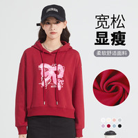 班尼路小个子短款连帽卫衣女2024春秋款高腰显瘦上衣服 车厘子红-白粉蝴蝶结 M